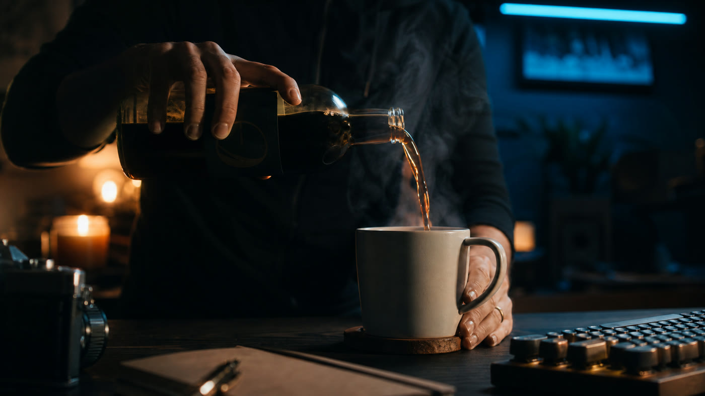 gpt-image-2: a moody product still, cold brew poured into a steaming mug, photoreal composition and clean cinematic key light.