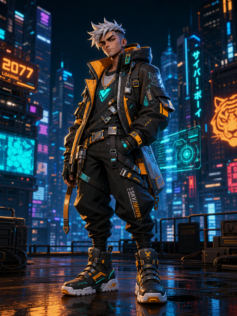 gpt-image-2: a neon cyberpunk hero character, structure and reflections holding under a busy scene.