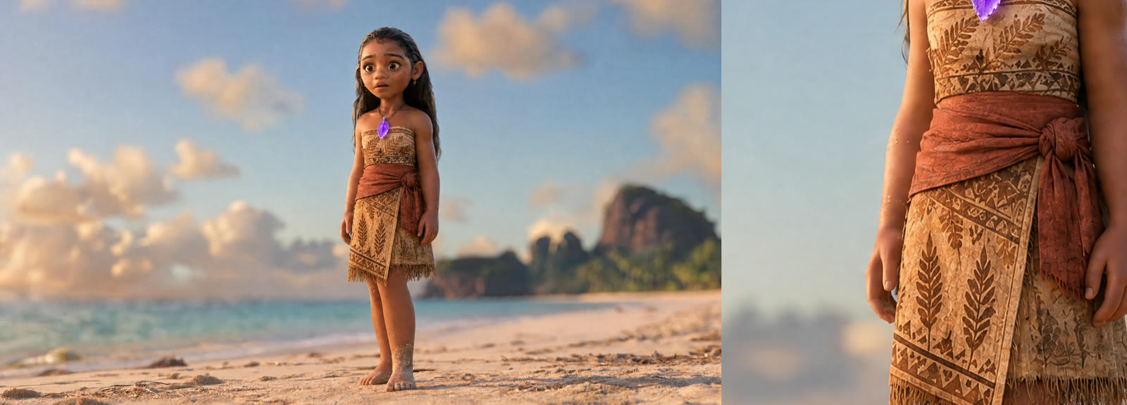 gpt-image-2 at 4K. Left: flawless at fit size. Right: the same frame at 100%, where the barkcloth weave, fringe and skin take on gpt-image's soft, rippling, painted texture instead of crisp photographic detail.