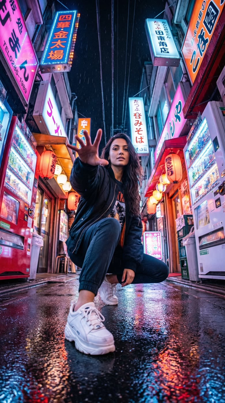 nano-banana-2: a neon-soaked Tokyo street shot from a low fisheye angle, generated in seconds for pennies.