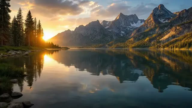 Seedance 2: a serene sunrise mountain lake, the calm end of its range.