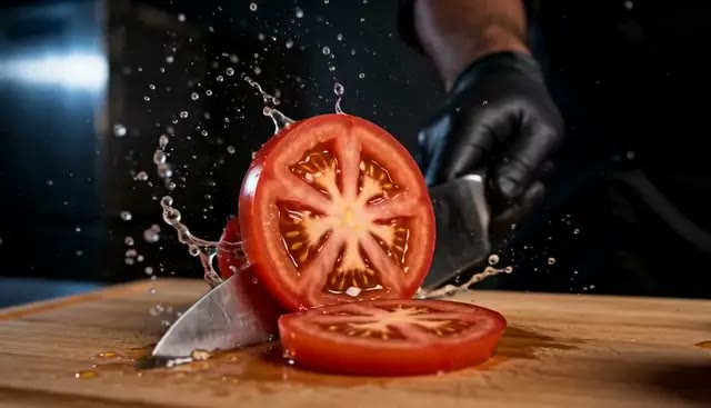 Seedance 2: a tactical-noir kitchen beat, a tomato exploding under a blade with hard splash physics, sound synced to the cut.
