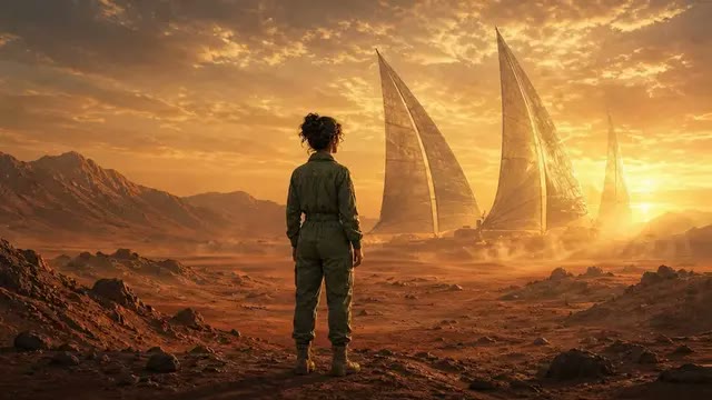 Veo 3.1, first pull: a lone figure on the red plains of a Mars colony at dusk, native ambient audio baked in.